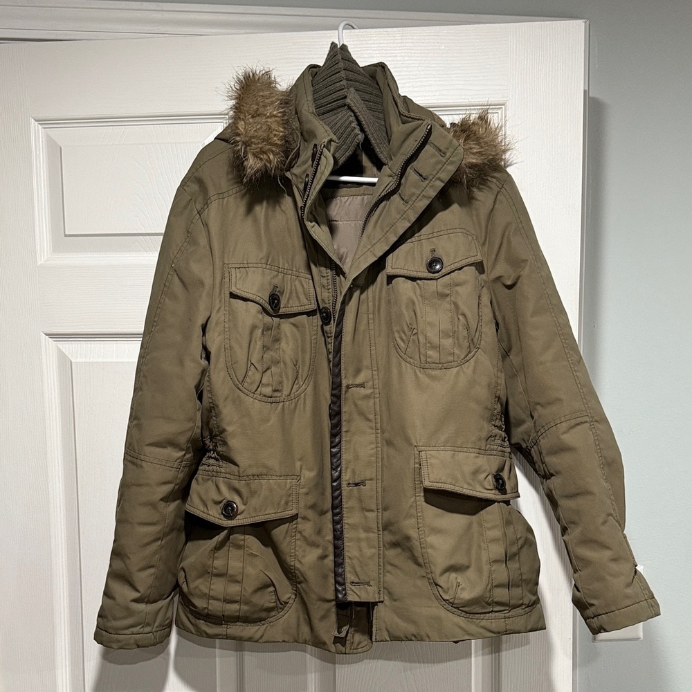 Zara Khaki Military Parka with Fur Hood